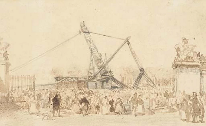 Il posizionamento dell'obelisco in Place de la Concorde a Parigi con una folla che guarda la scena